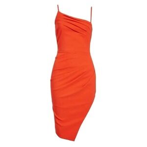 Lavish Alice Asymmetric Pleated Midi Dress Coral Red Size US 6